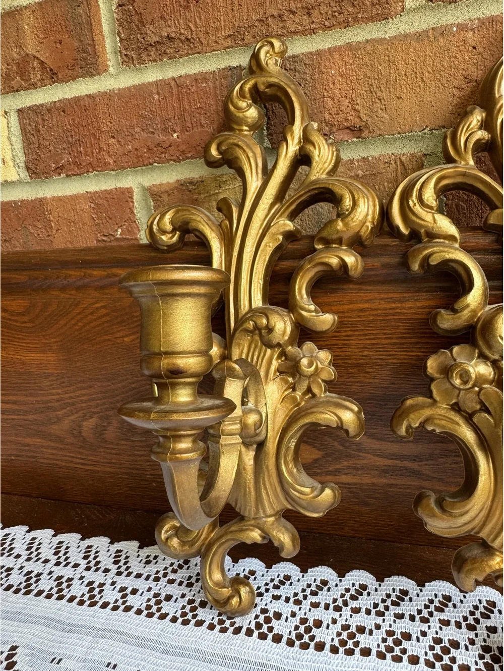 Pair of Vintage Ornate Gold Painted Plastic Wall Candle Sconces